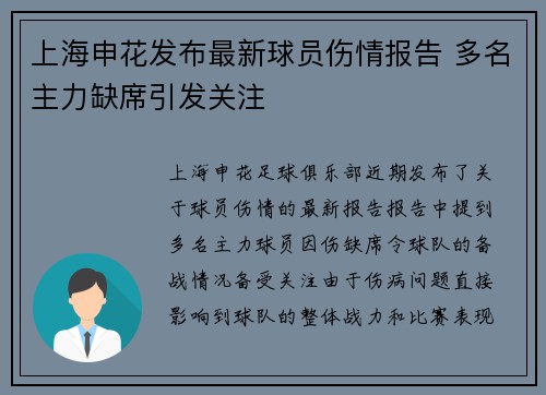 上海申花发布最新球员伤情报告 多名主力缺席引发关注