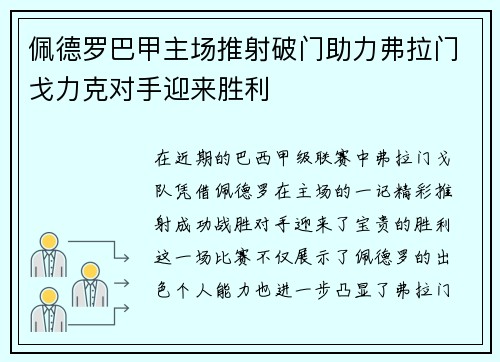 佩德罗巴甲主场推射破门助力弗拉门戈力克对手迎来胜利