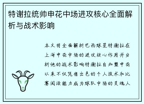 特谢拉统帅申花中场进攻核心全面解析与战术影响 特谢拉统帅申花中场进攻核心全面解析与战术影响