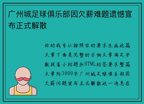 广州城足球俱乐部因欠薪难题遗憾宣布正式解散