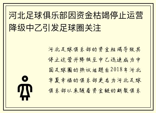河北足球俱乐部因资金枯竭停止运营降级中乙引发足球圈关注